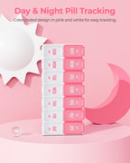 AMOOS pink pill case showing premium durable hinges and bold AM PM labels