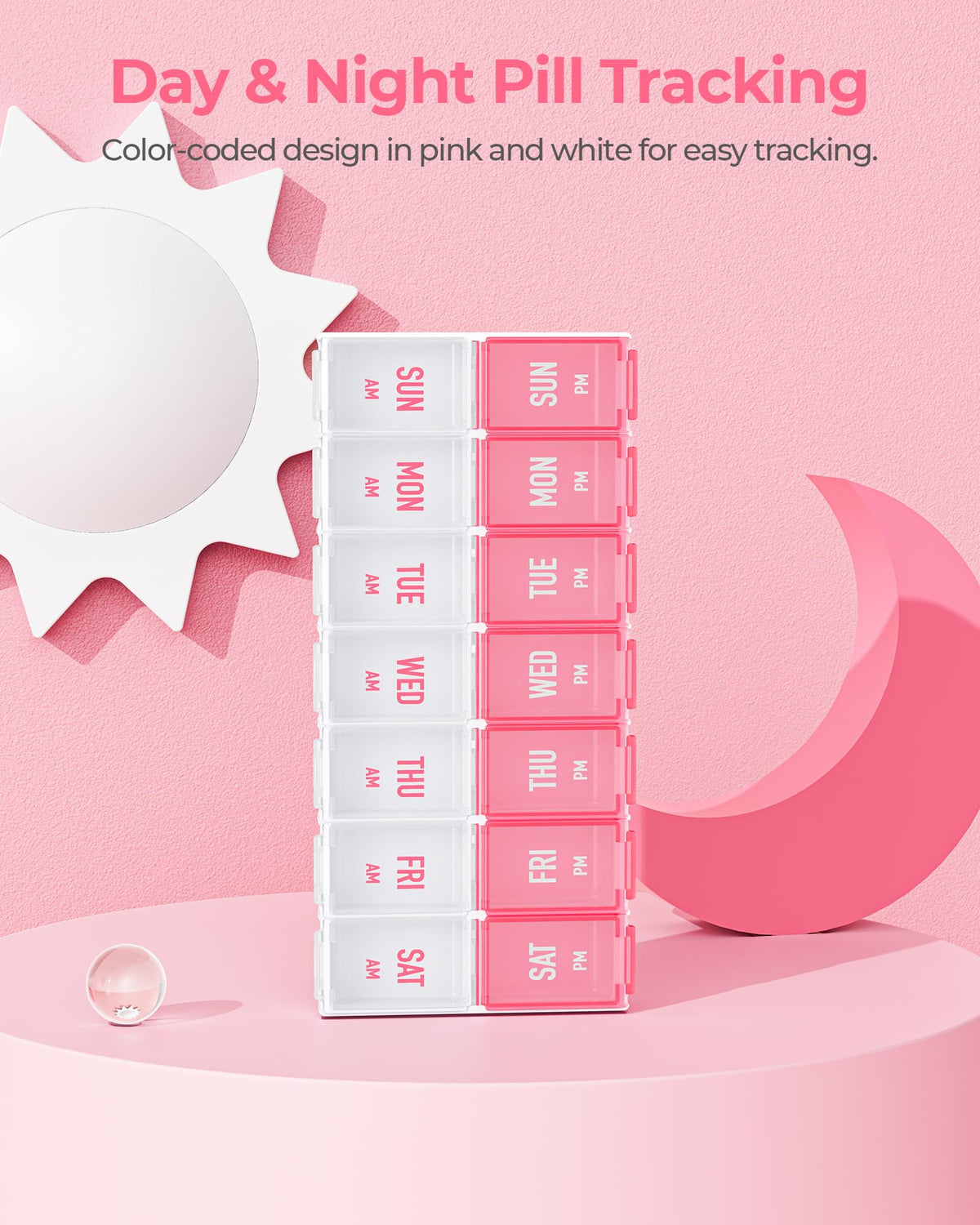 AMOOS pink pill case showing premium durable hinges and bold AM PM labels