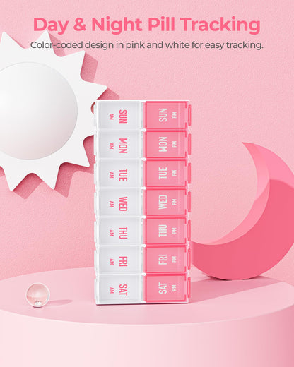 AMOOS pink pill case showing premium durable hinges and bold AM PM labels