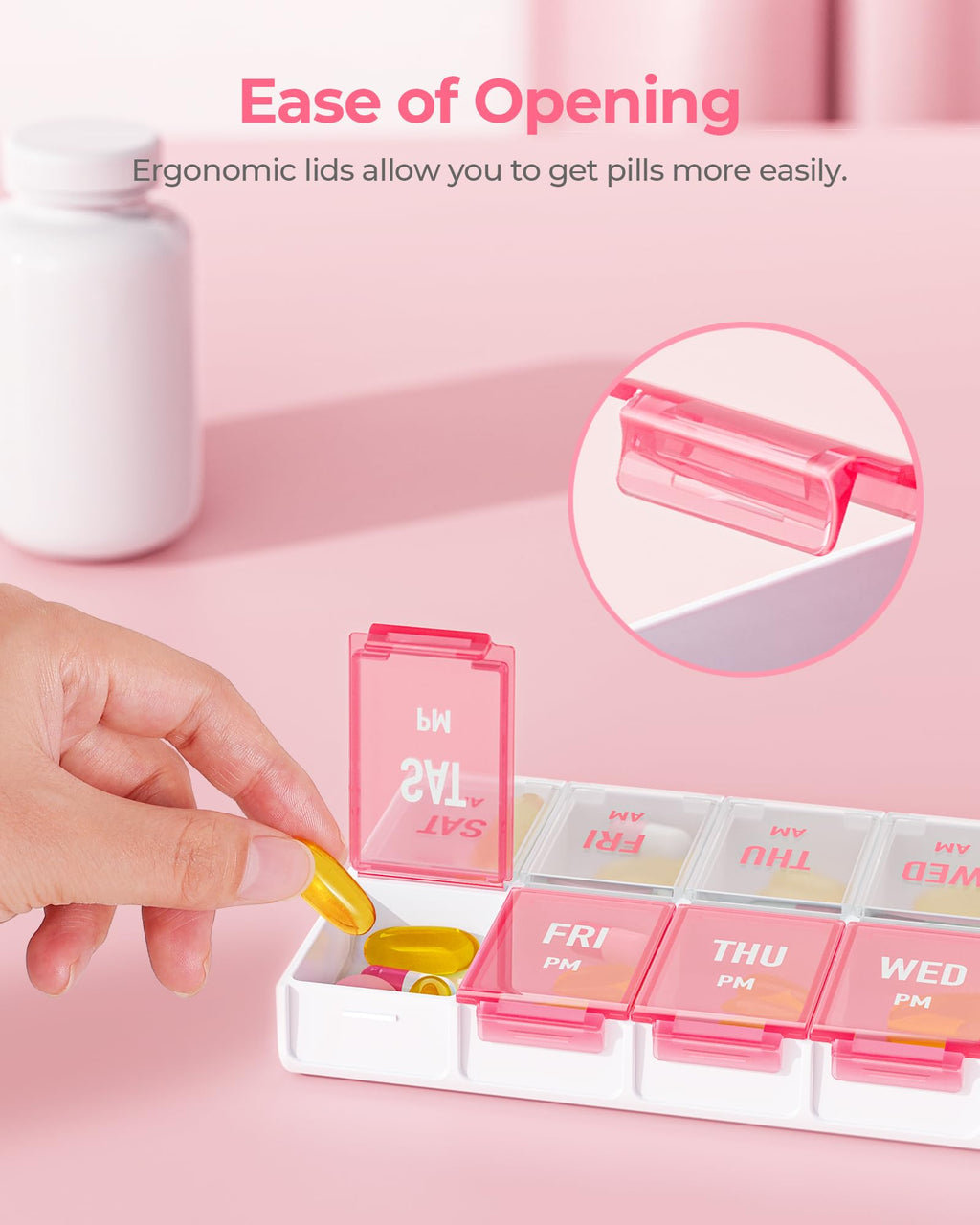 AMOOS BPA-free food-grade plastic travel pill organizer side angle perspective