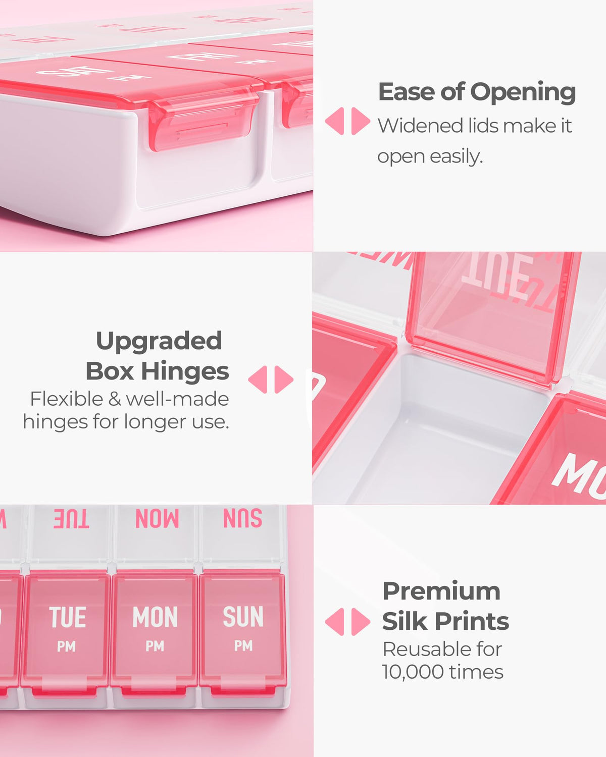 AMOOS daily vitamin dispenser highlighting the fourteen individual morning and night sections