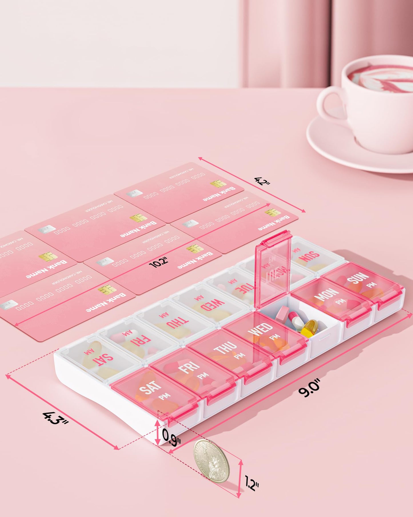 AMOOS medication management tray showing dimensions of the large supplement compartments