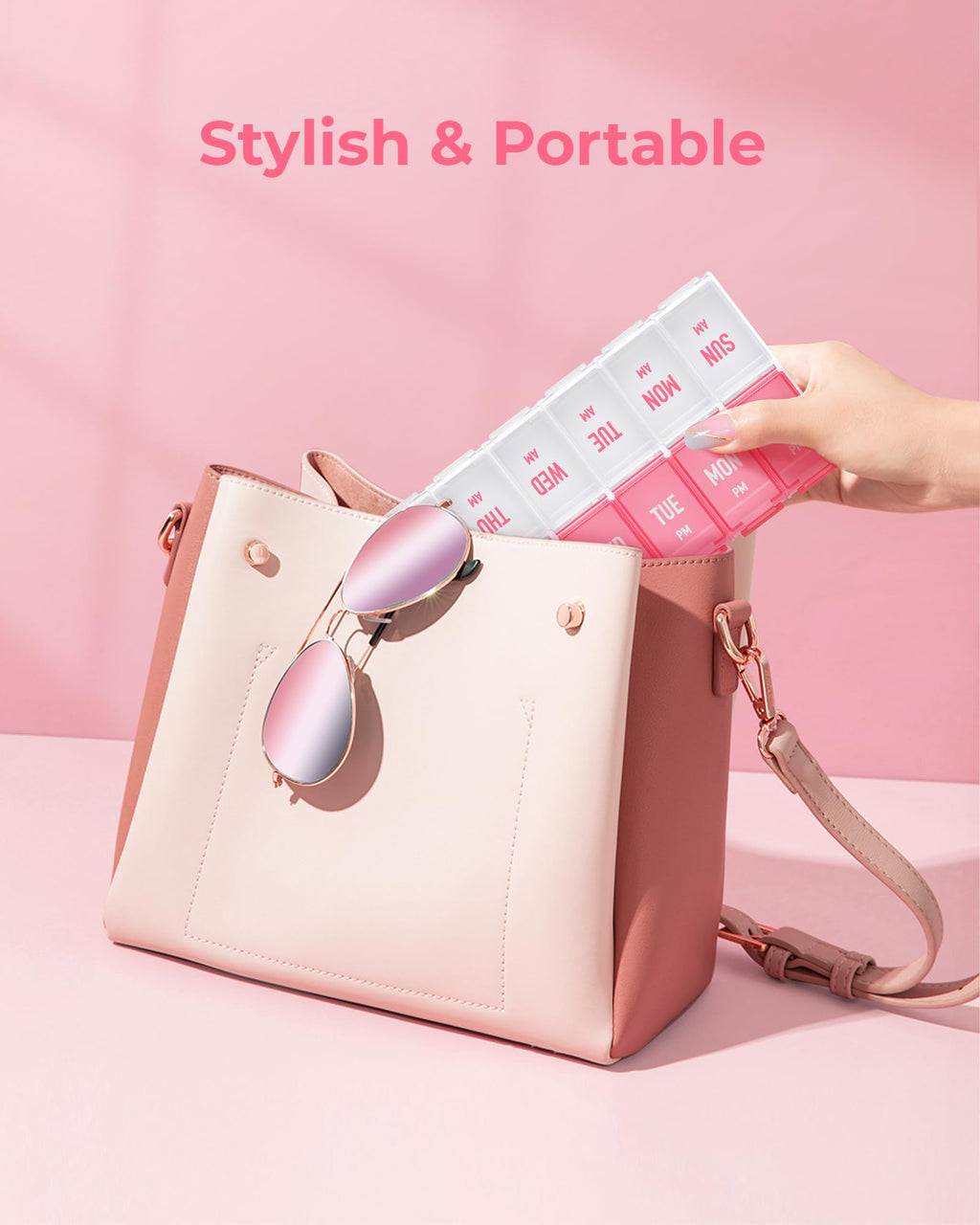 AMOOS imported premium stylish pink supplement container placed on a flat counter