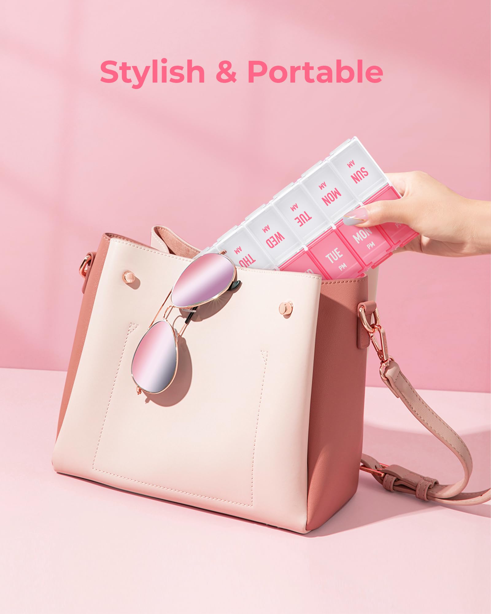 AMOOS imported premium stylish pink supplement container placed on a flat counter