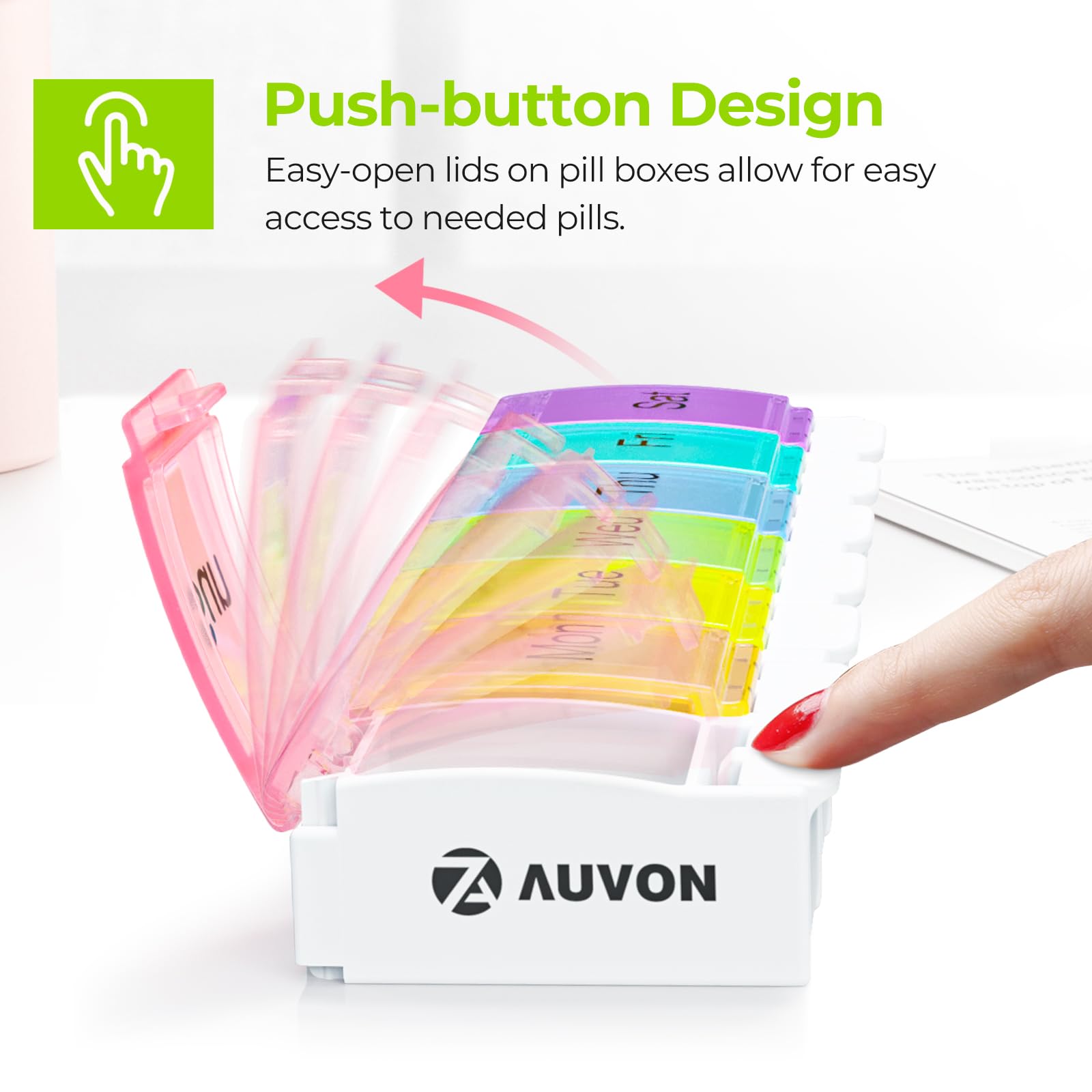 AUVON weekly travel pill box close up on the spring assisted open push button mechanism.