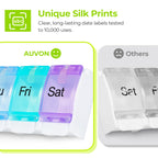 AUVON BPA free seven day pill case shown inside a travel bag for portability display.