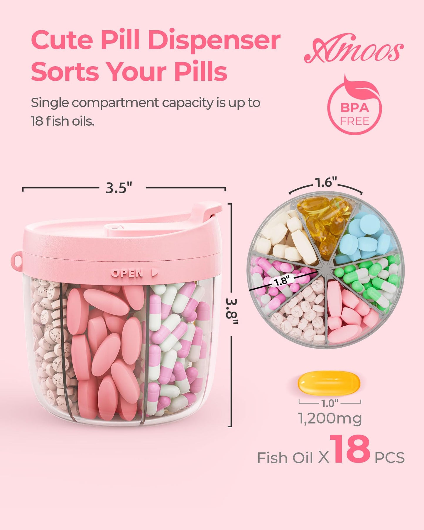 AMOOS 7 compartment travel pill organizer displaying the durable nylon hand strap for easy carrying.