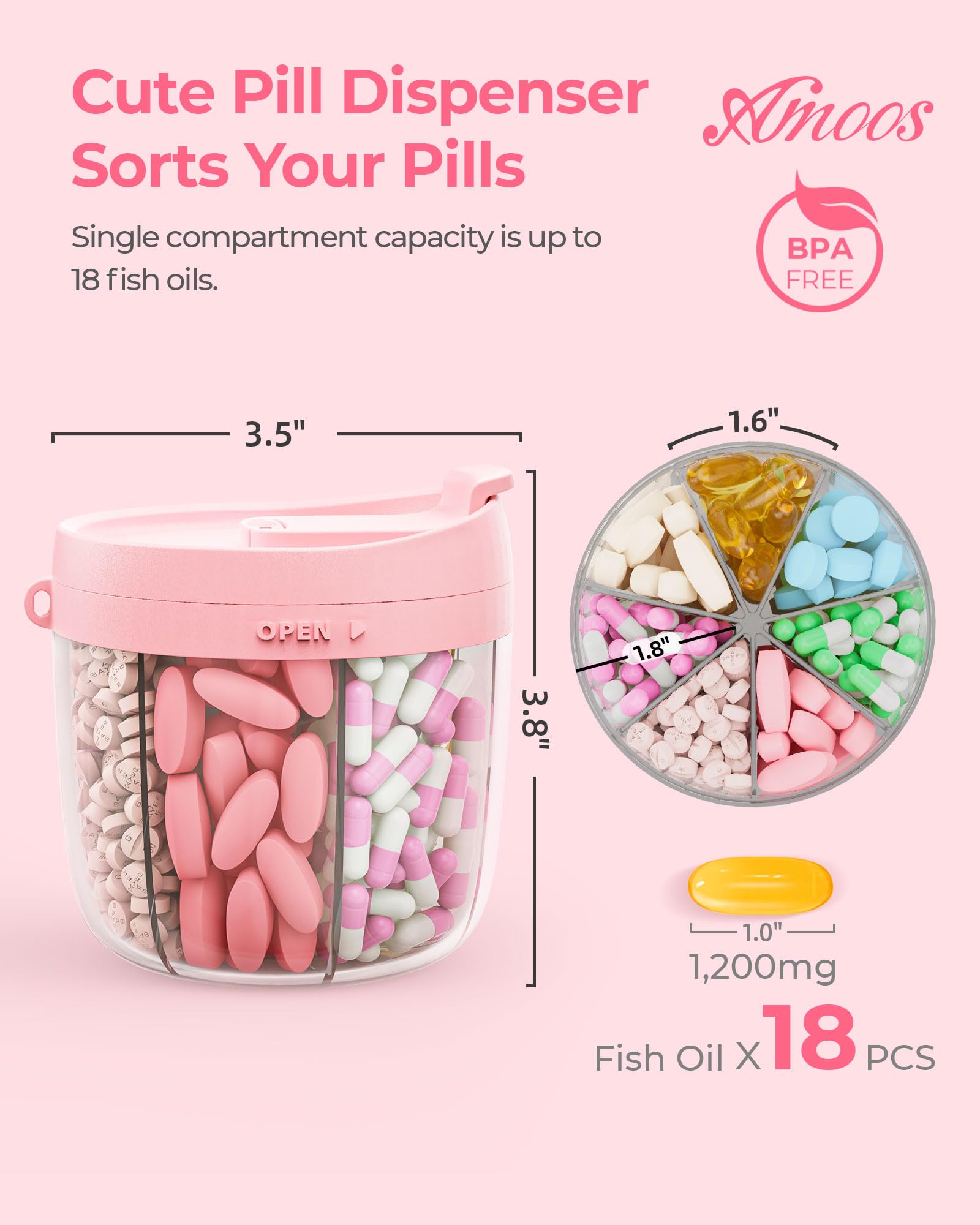 AMOOS 7 compartment travel pill organizer displaying the durable nylon hand strap for easy carrying.