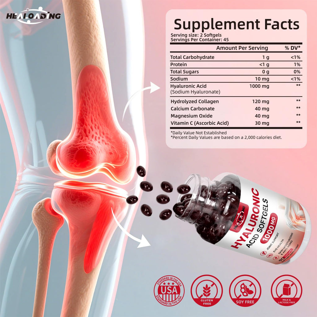 Healoading Hyaluronic Acid 90 softgels side label supplement facts