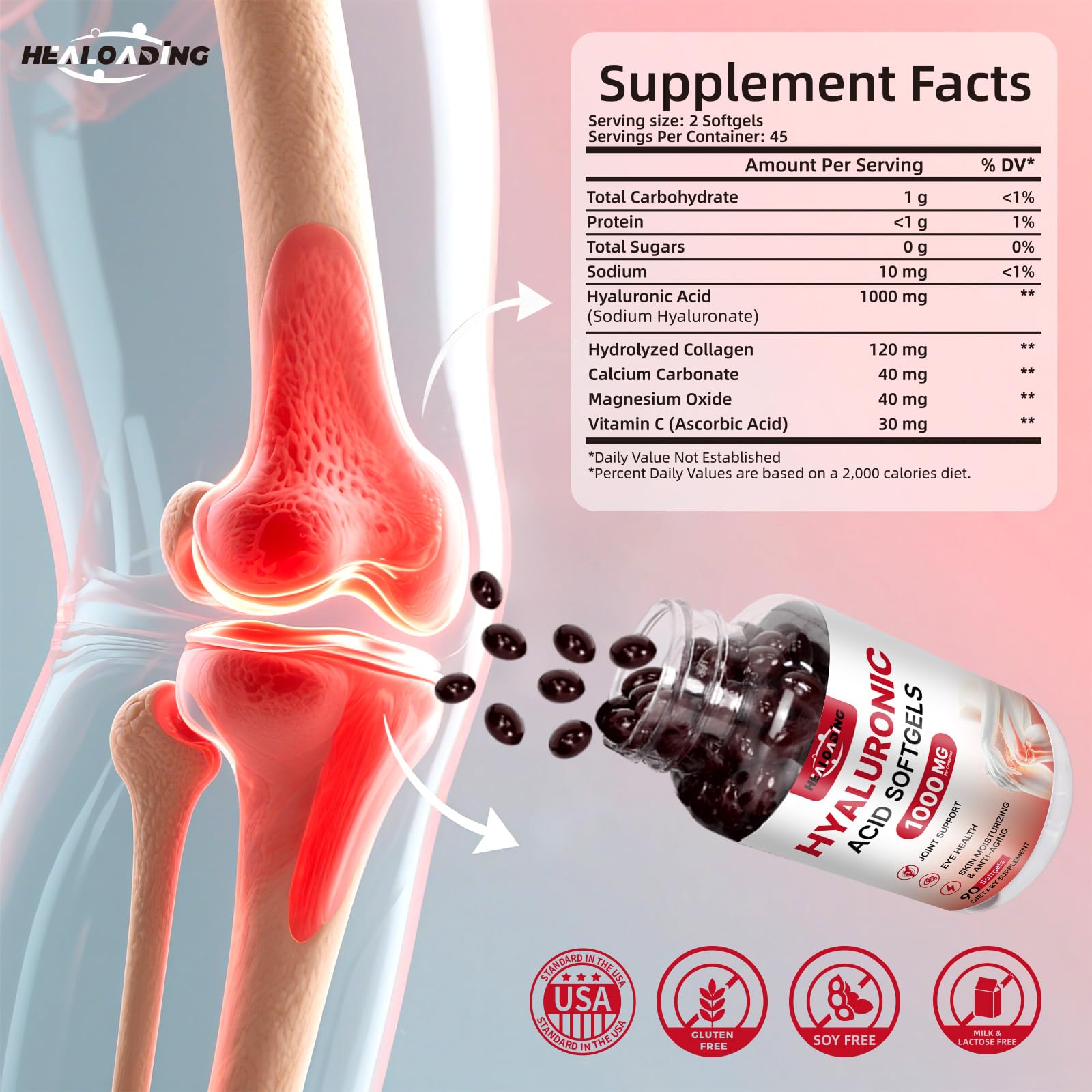 Healoading Hyaluronic Acid 90 Softgels Supplement Facts Label