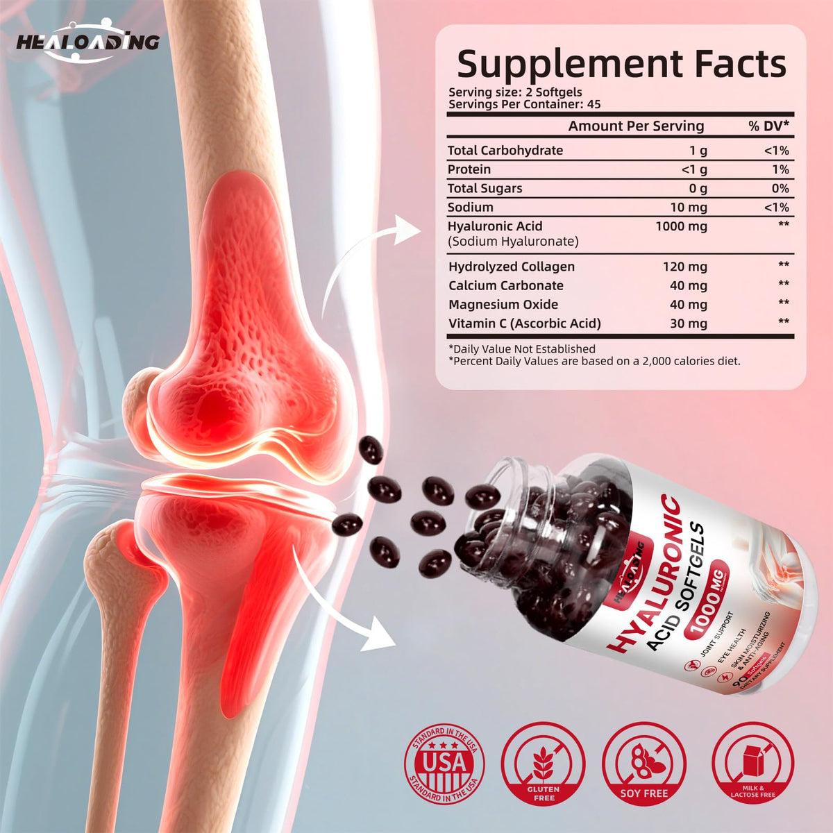 Healoading Hyaluronic Acid 90 softgels side label supplement facts