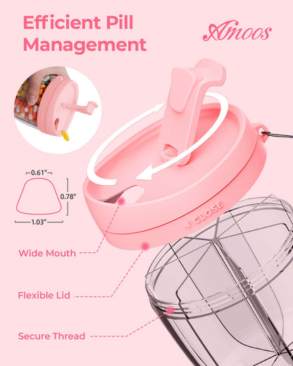 Top down look at the pink AMOOS pill bottle organizer highlighting the anti mix design and tight lid fit.