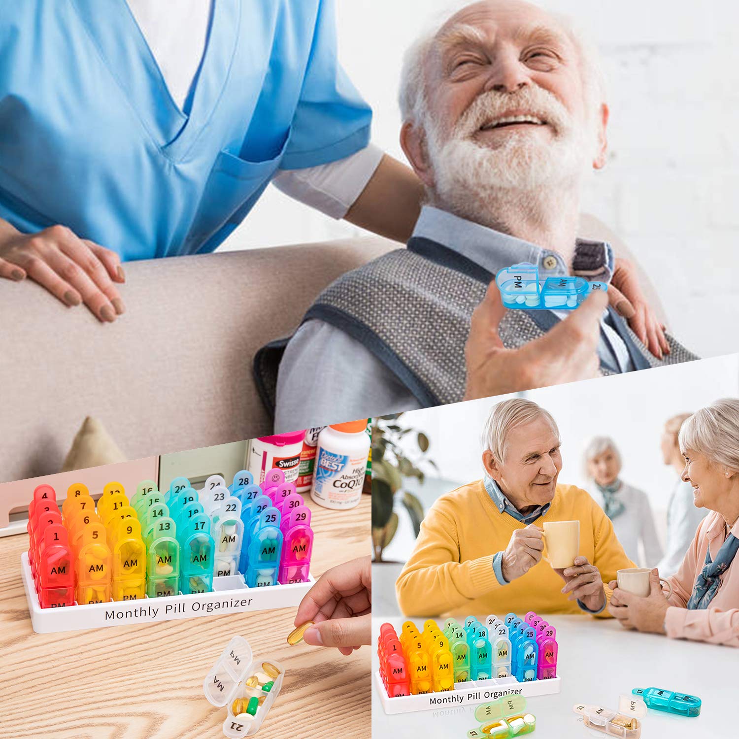 Removable daily medication pods showing afternoon and night compartments open.