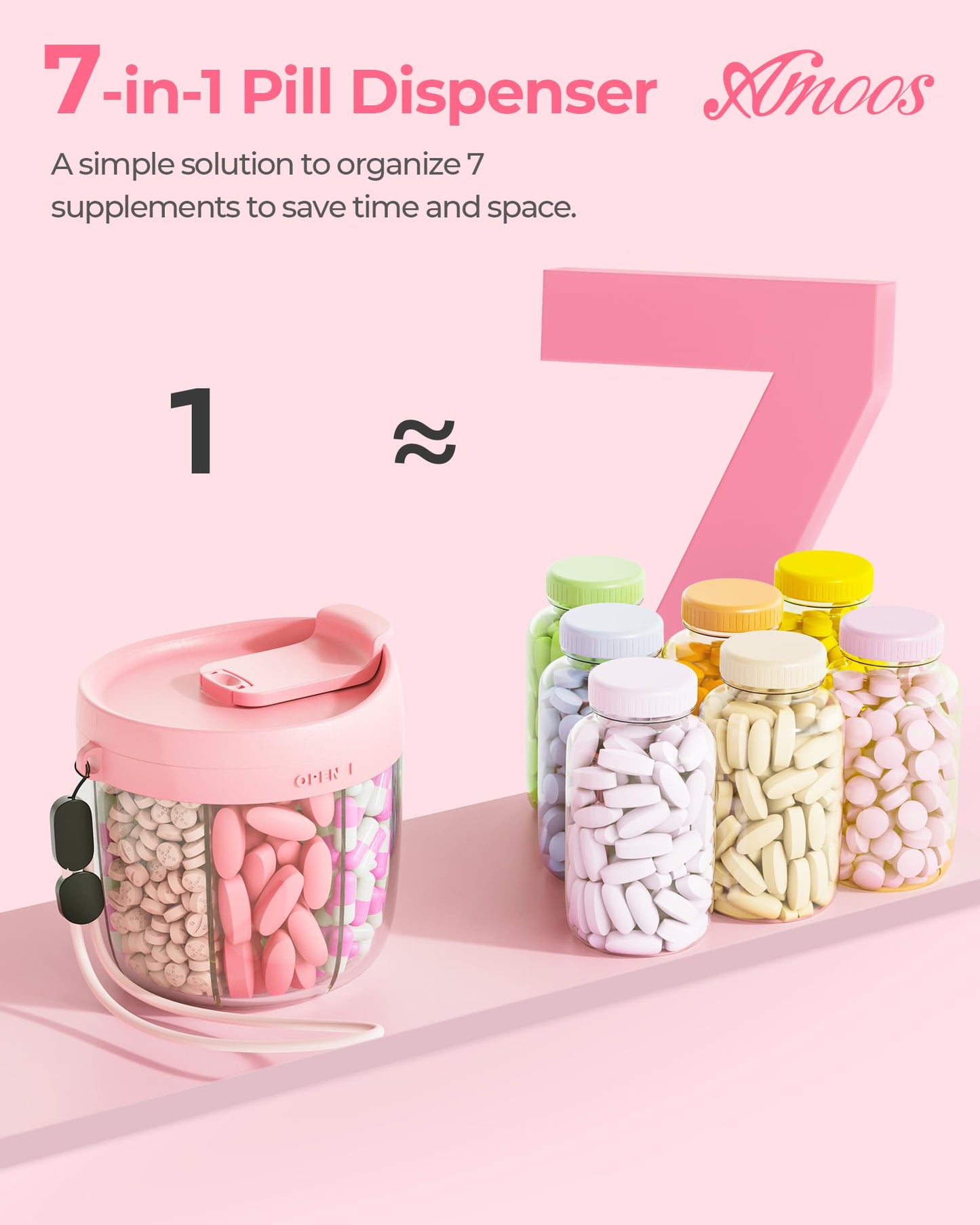AMOOS cute travel pill dispenser packaged with its included blank organization labels.
