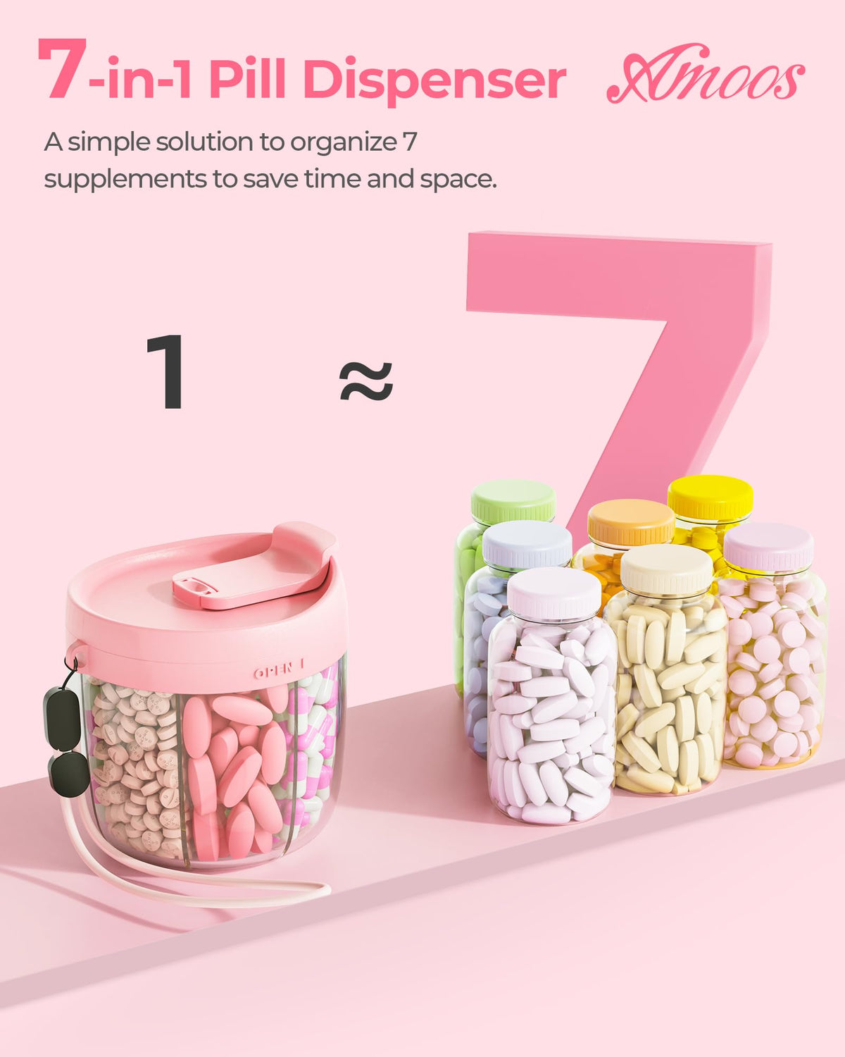 AMOOS cute travel pill dispenser packaged with its included blank organization labels.