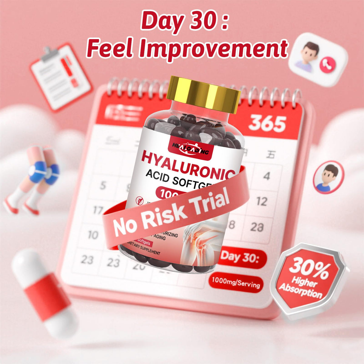 Healoading Hyaluronic Acid joint and skin support bottle layout