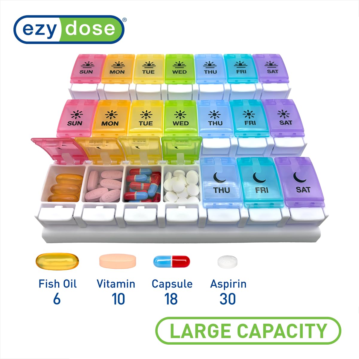 EZY DOSE Daily Medicine Planner angled view showcasing the three times a day morning noon and night storage layout.
