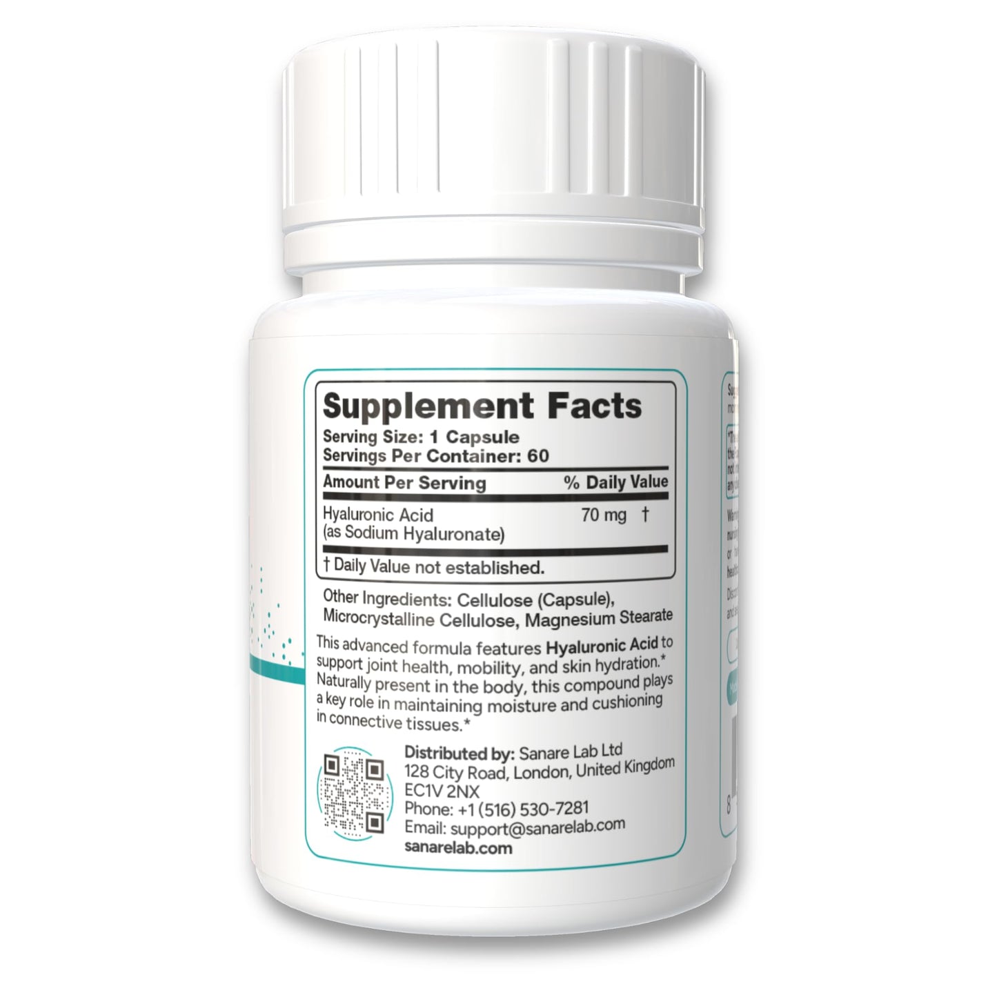 Sanare Lab oral hyaluronic acid supplement packaging showing supplement facts and dietary attributes.