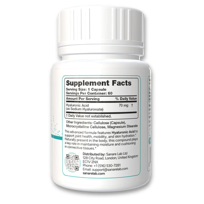 Sanare Lab oral hyaluronic acid supplement packaging showing supplement facts and dietary attributes.