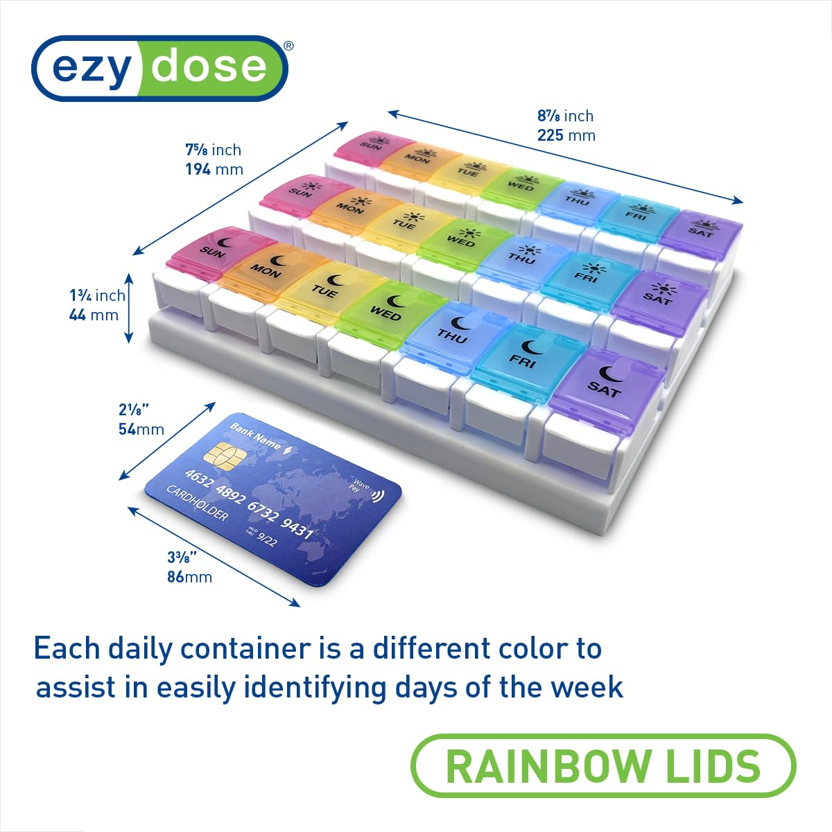 EZY DOSE Vitamin Organizer Container close up view highlighting the easy to use spring open push buttons.