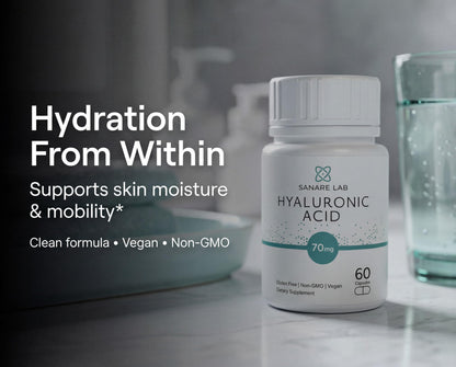 Premium USA imported hyaluronic acid non GMO gluten free vegan capsules bottle.