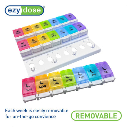 EZY DOSE Weekly Pill Box top view showing the safe BPA free plastic material and clear day labels on rainbow lids.