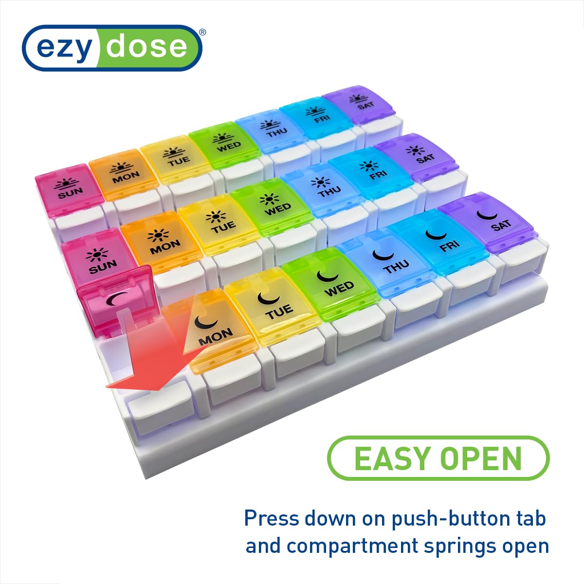 EZY DOSE 7 Day Medication Case detached view illustrating the travel friendly portability of the individual medicine rows.