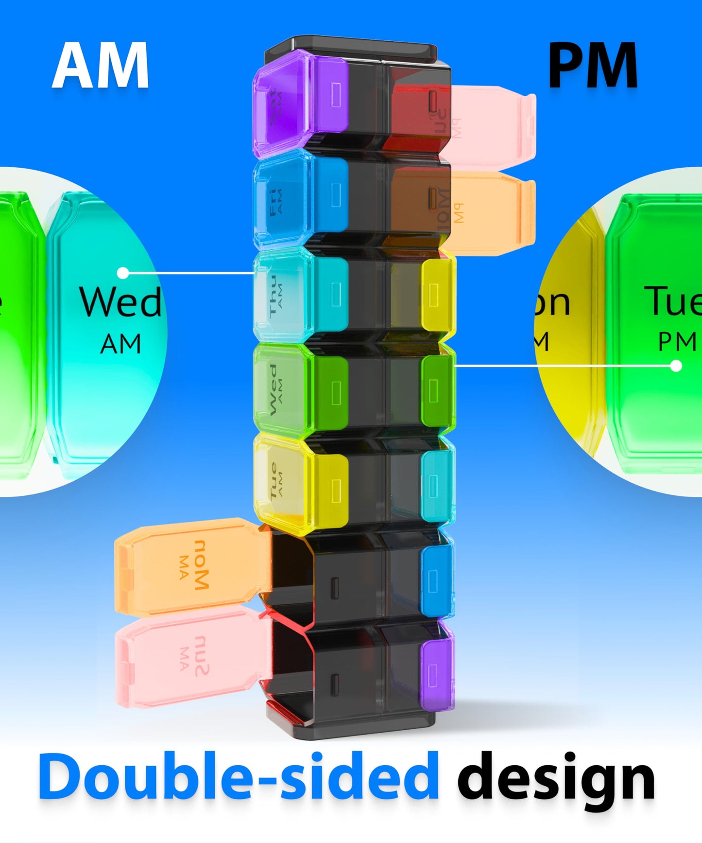 BEXEEN color coded weekly pill box showing individual removable daily travel pods