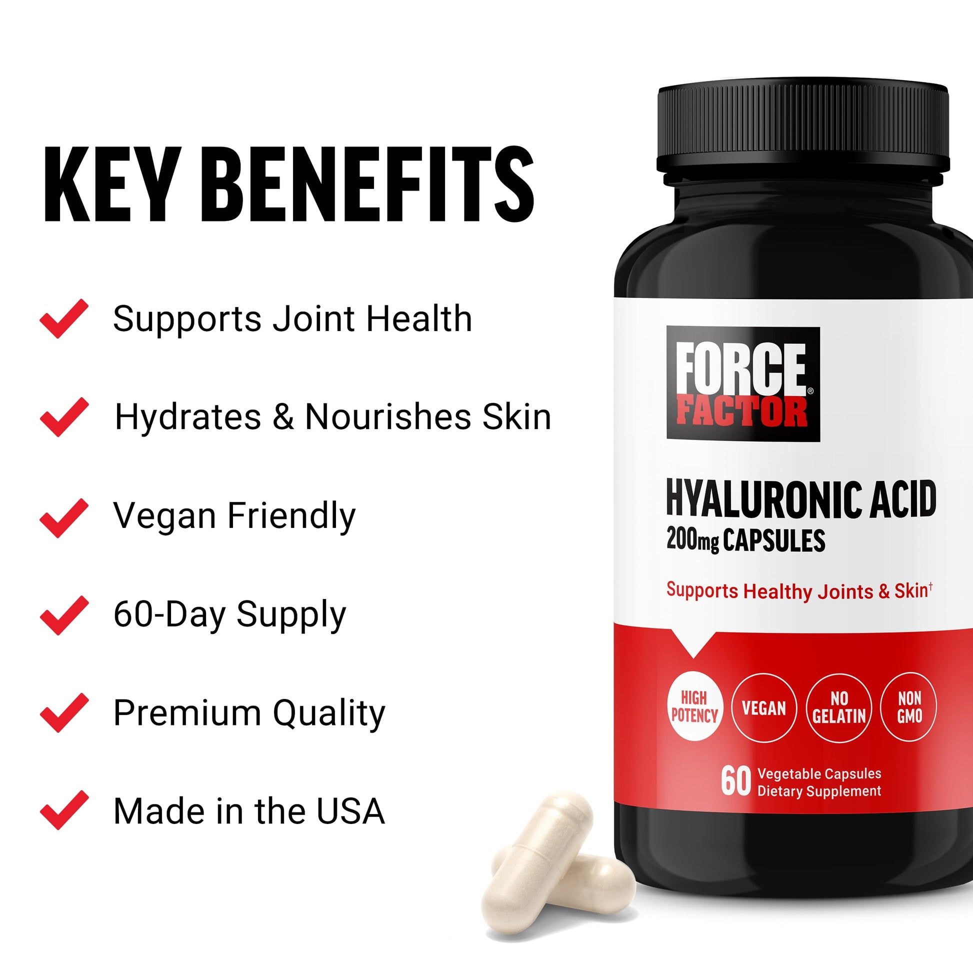 Force Factor Hyaluronic Acid 60 Capsules Supplement Facts Label