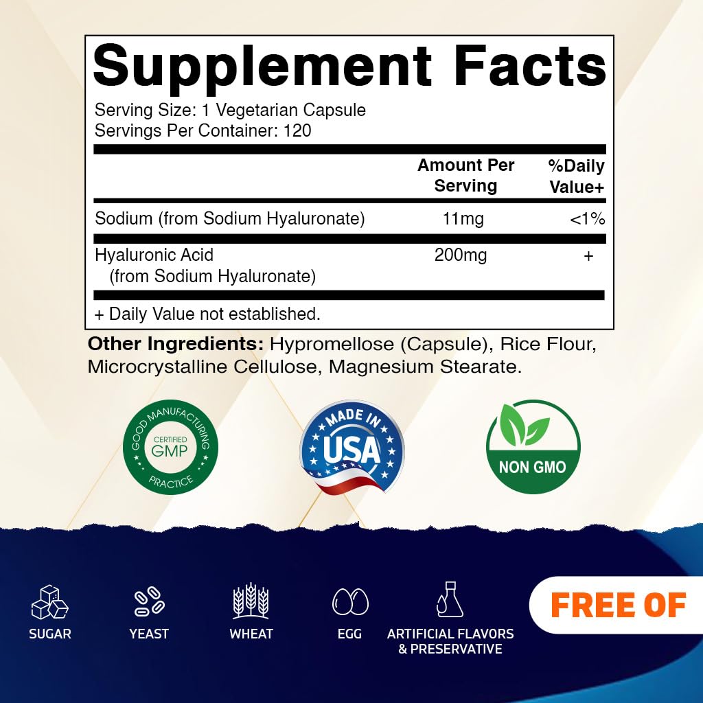 Vitamatic Hyaluronic Acid supplement bottle back label with ingredients and directions
