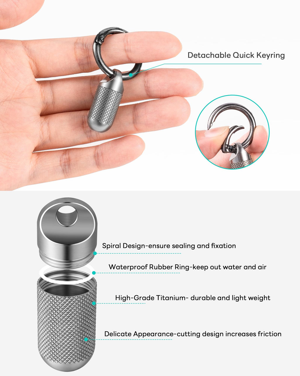 TISUR portable pocket medicine container attached to a set of keys using the quick release mechanism.