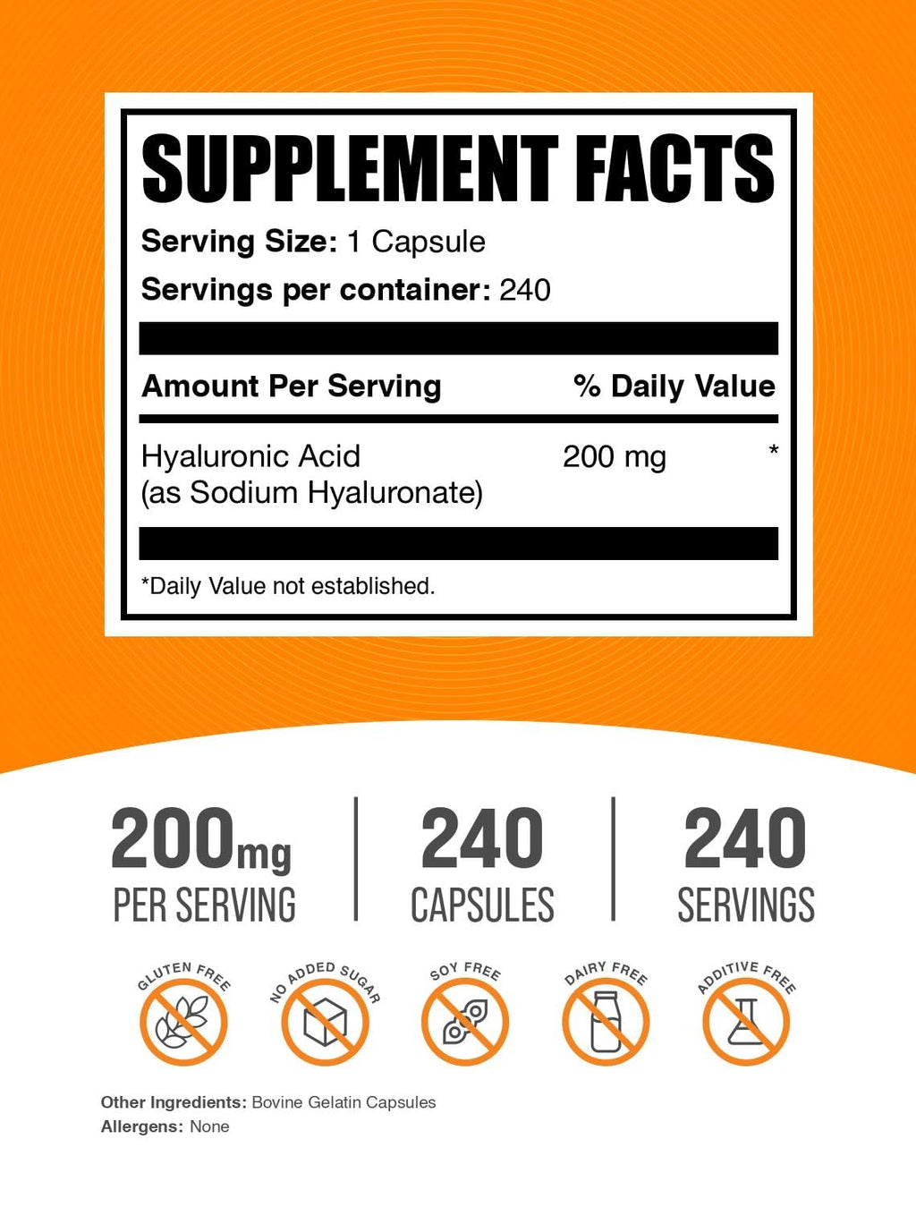 BulkSupplements Hyaluronic Acid 240 count bottle showing capsule count and orange cap