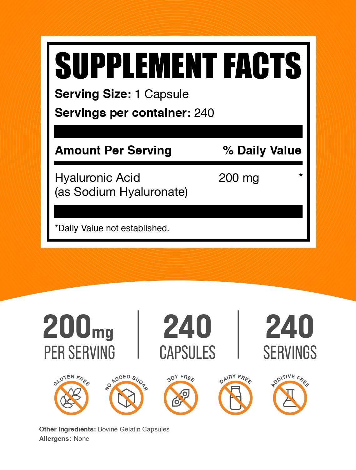 BulkSupplements Hyaluronic Acid 240 count bottle showing capsule count and orange cap