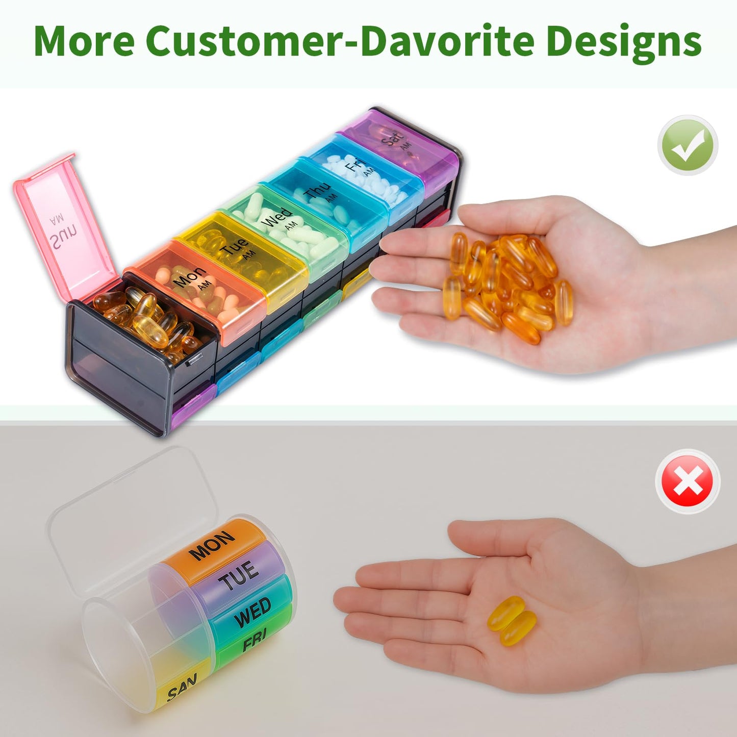 Side angle of the double sided AM PM weekly supplement box filled with vitamins