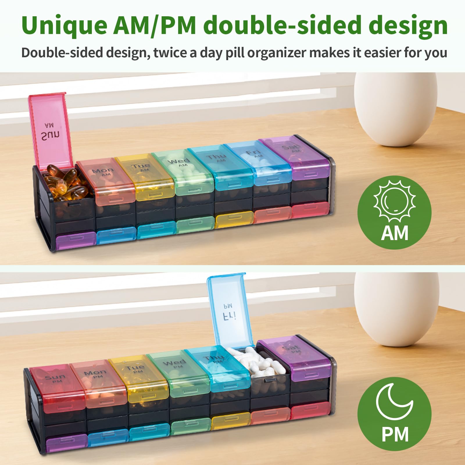 BPA free daily medicine container showcasing the durable printed day and night labels