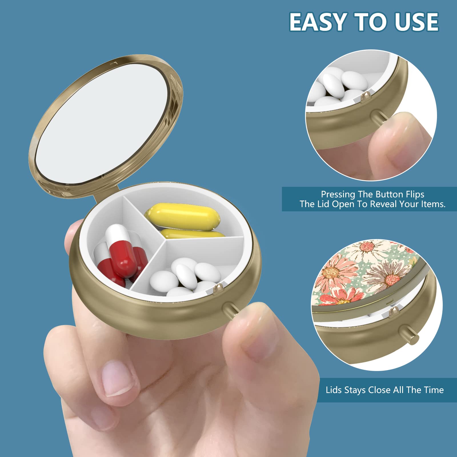 Dynippy bronze pill organizer being opened via the easy push-button spring latch