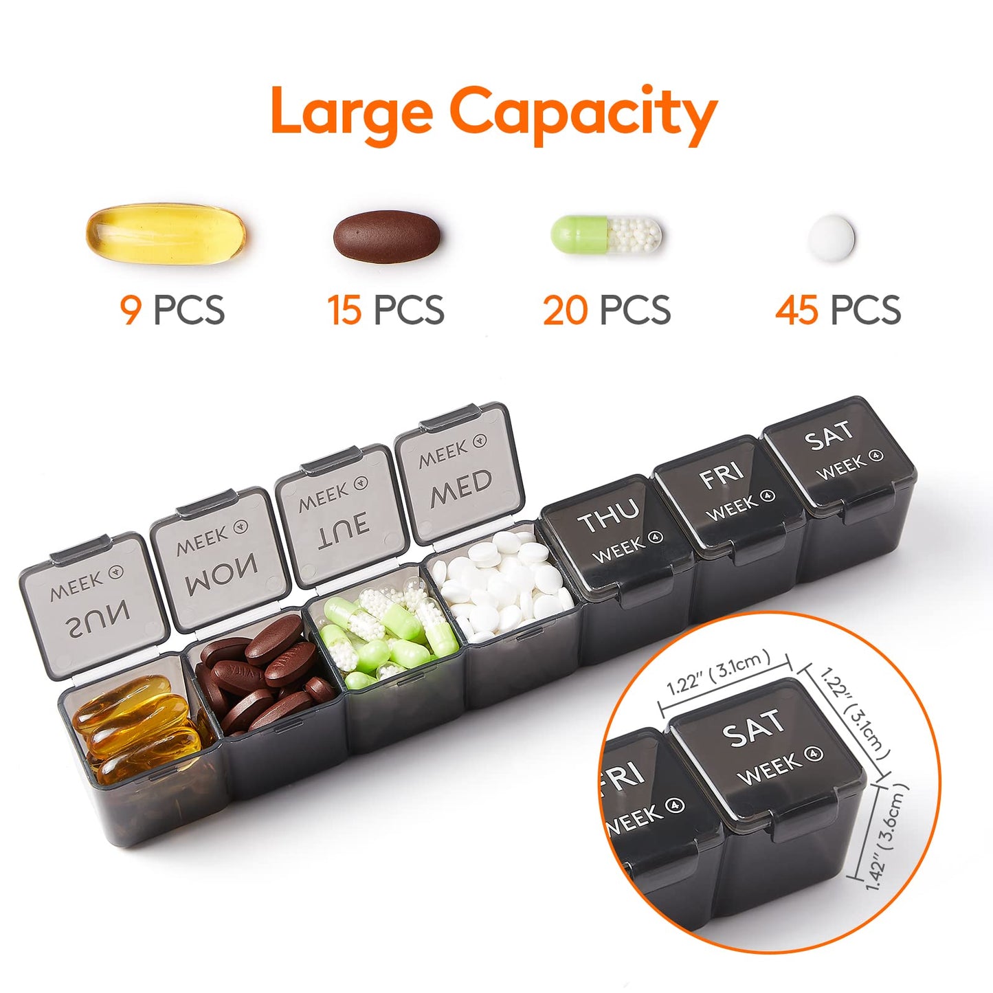 BPA-free large compartment supplement holder showing large capsule capacity