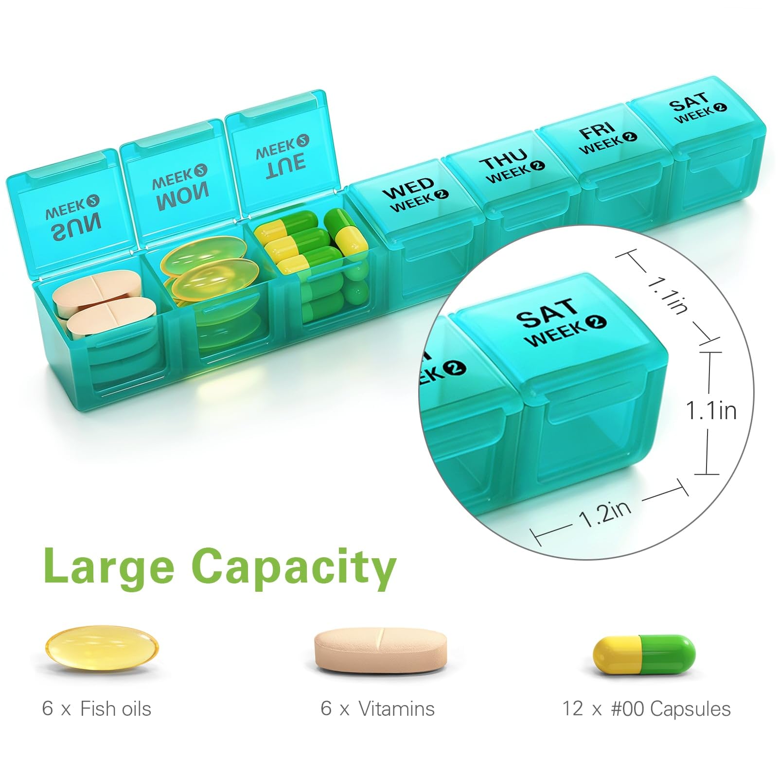 BUG HULL 28 Day Pill Box close up view displaying individual large medicine compartments filled with vitamins
