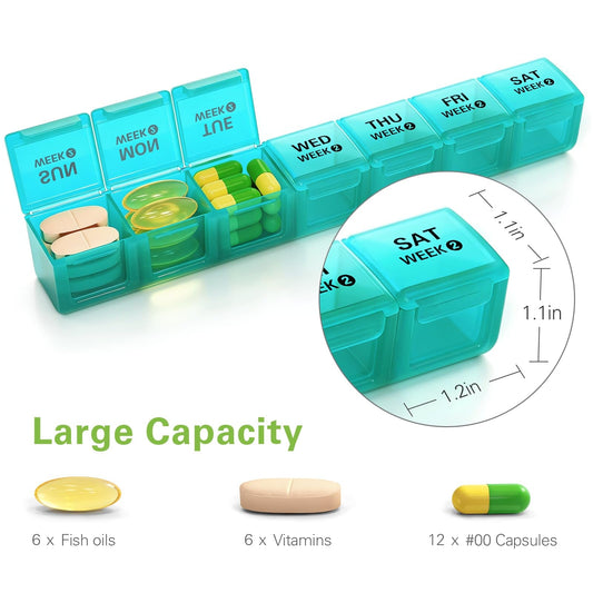 BUG HULL 28 Day Pill Box close up view displaying individual large medicine compartments filled with vitamins