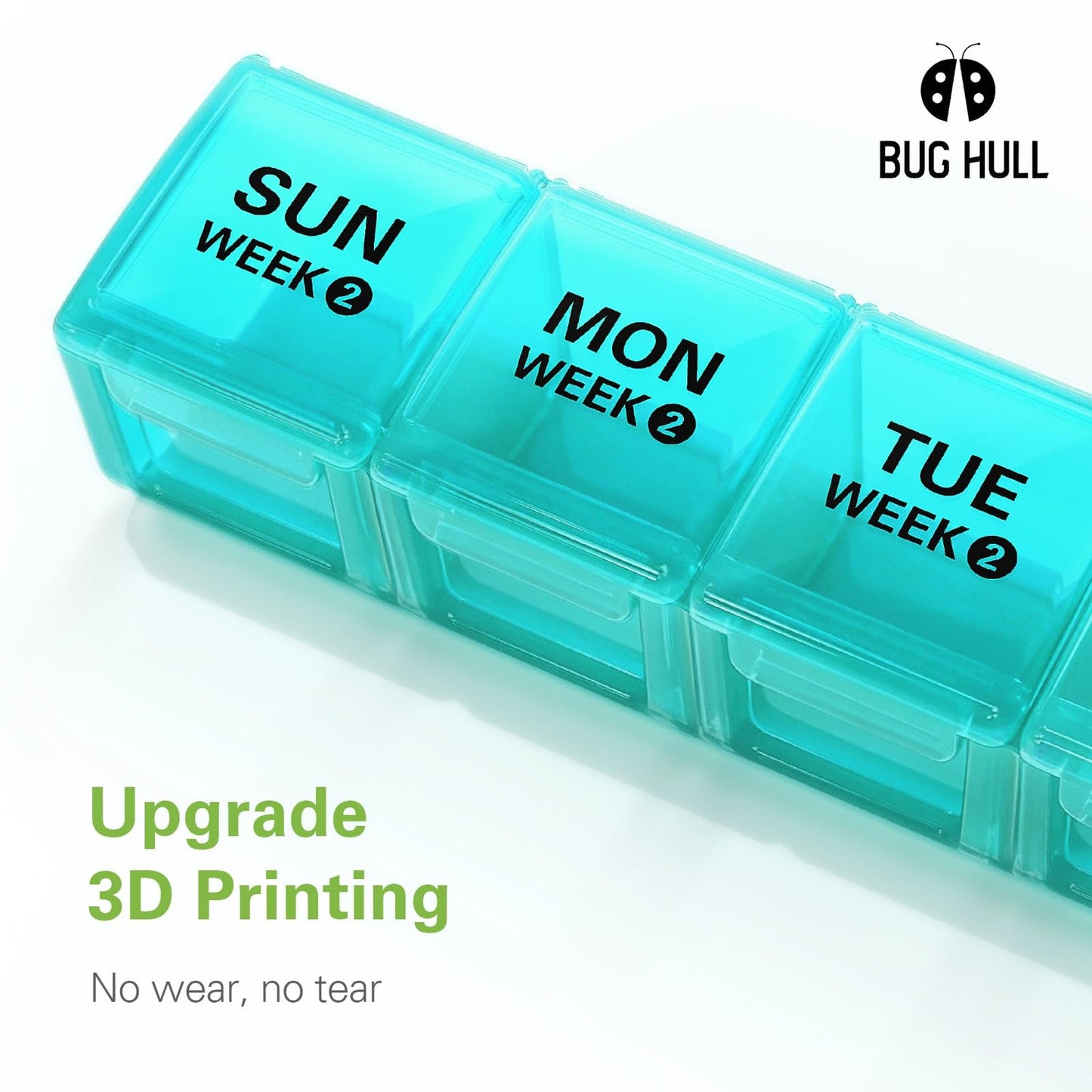 BUG HULL Travel Medicine Organizer showcasing a single removable weekly tray being lifted from the storage holder