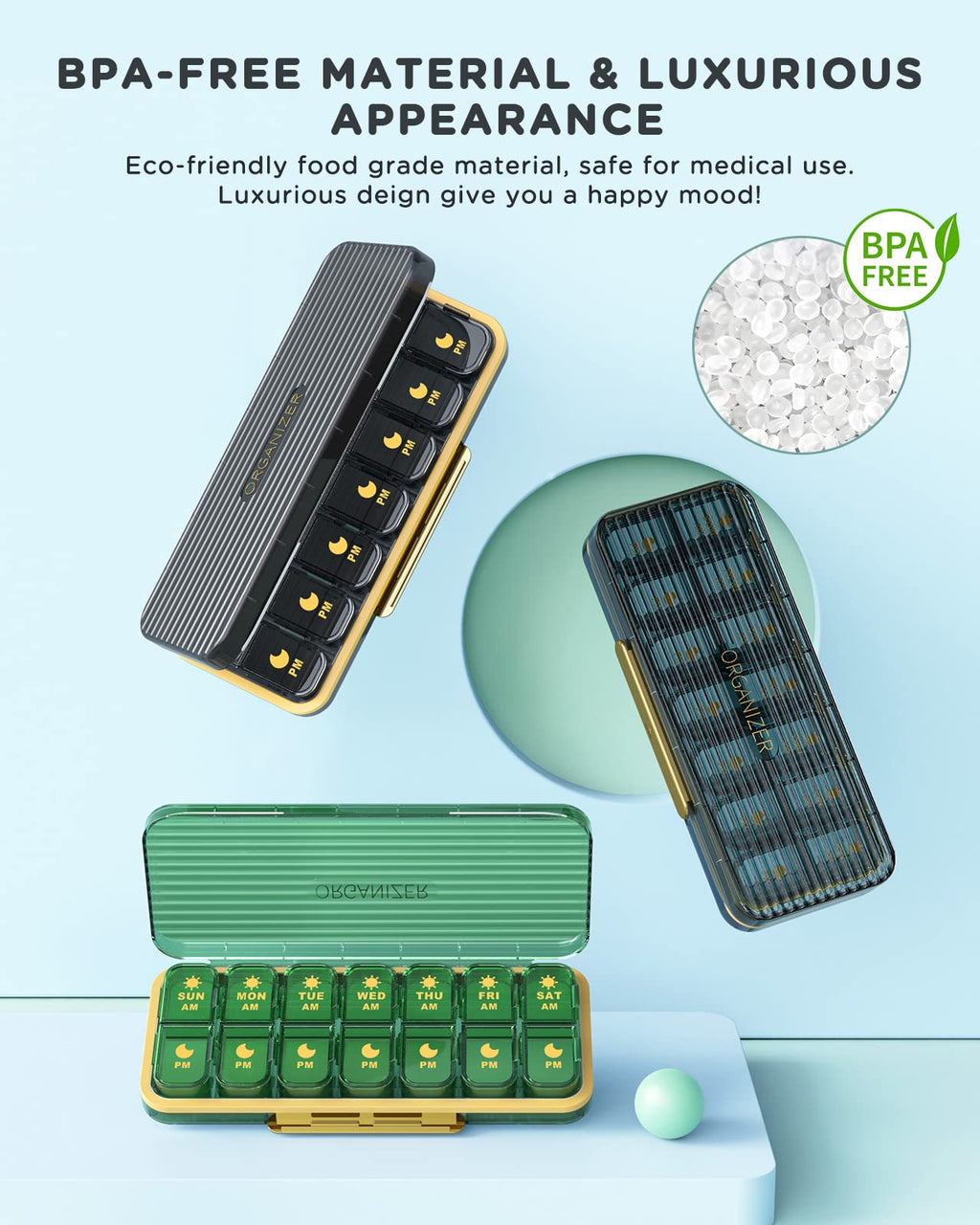 Acedada weekly pill box 2 times a day with one detachable daily compartment removed for travel portability.