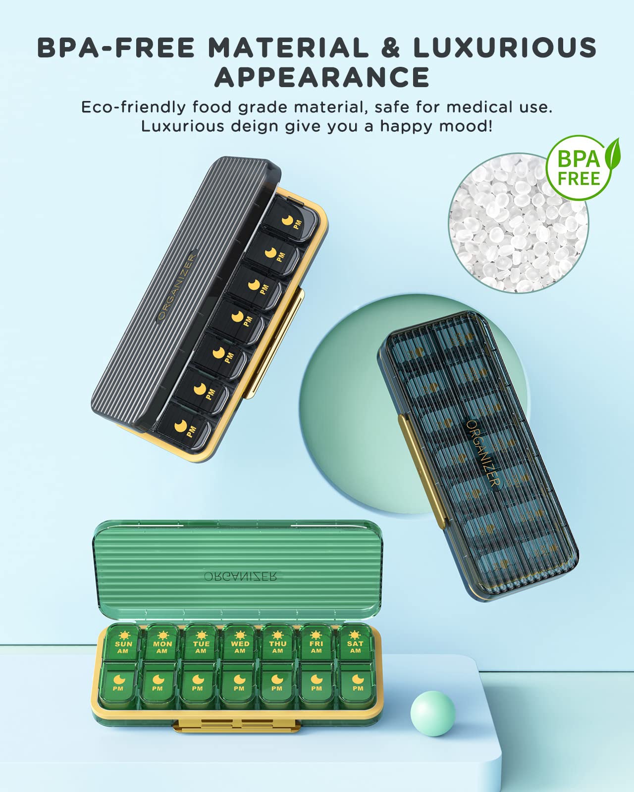 Acedada weekly pill box 2 times a day with one detachable daily compartment removed for travel portability.