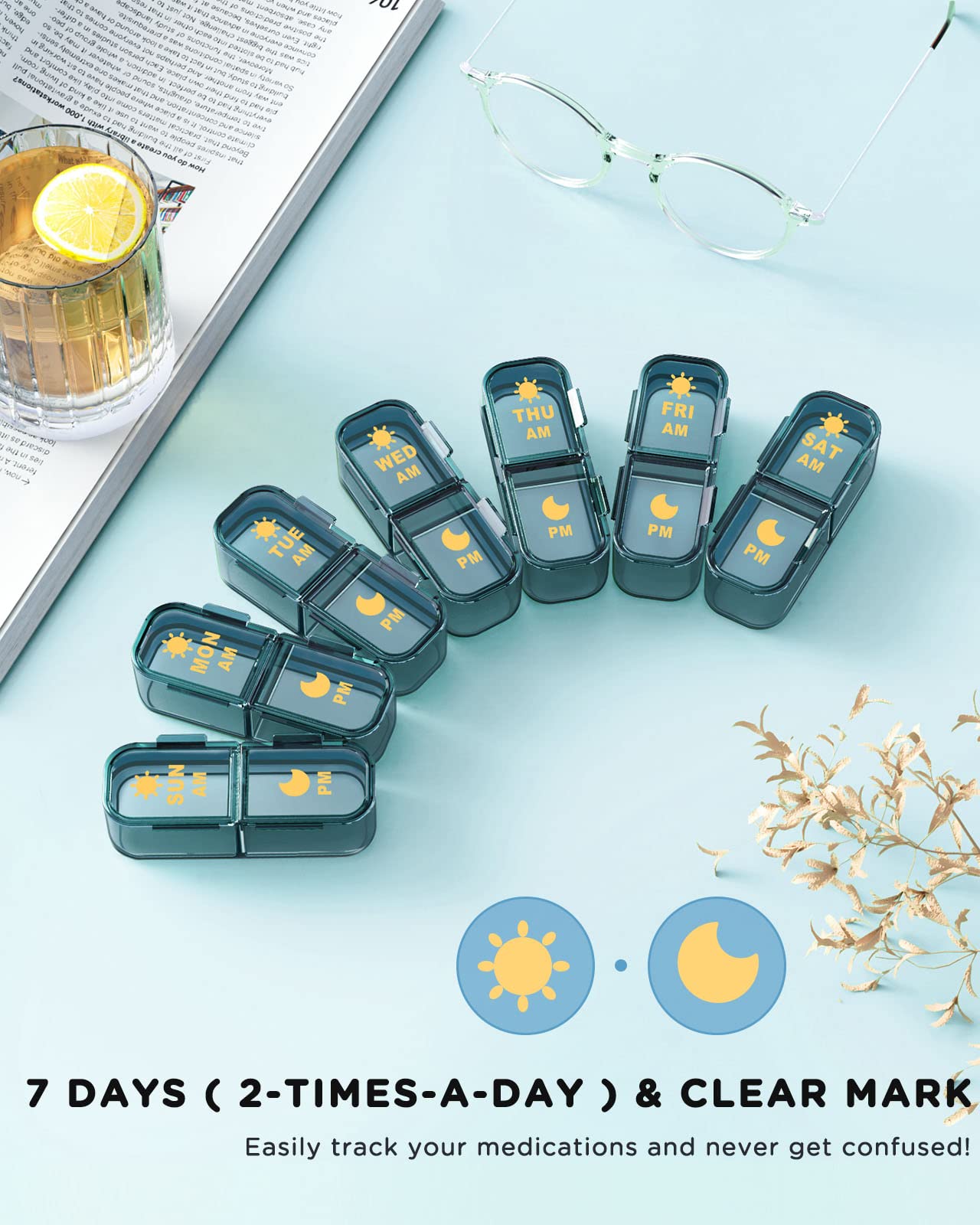 Close up of open morning and evening slots filled with large fish oil capsules and vitamin supplements.
