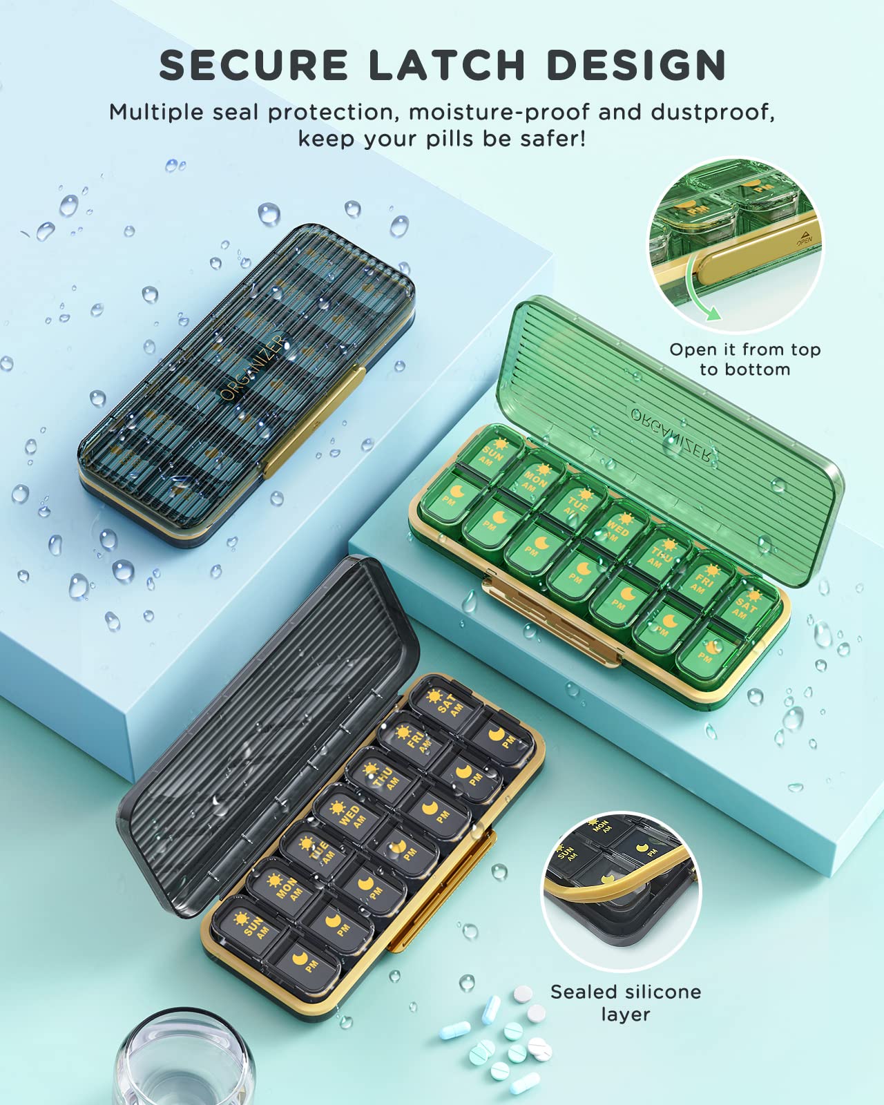 Secure double buckle protection design on the moisture proof weekly medication dispenser case.