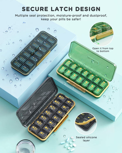 Secure double buckle protection design on the moisture proof weekly medication dispenser case.