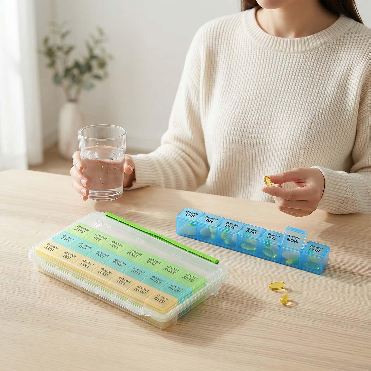 BUG HULL 4 Weeks Pill Case Rows laid out separately to demonstrate portable medication management for travel