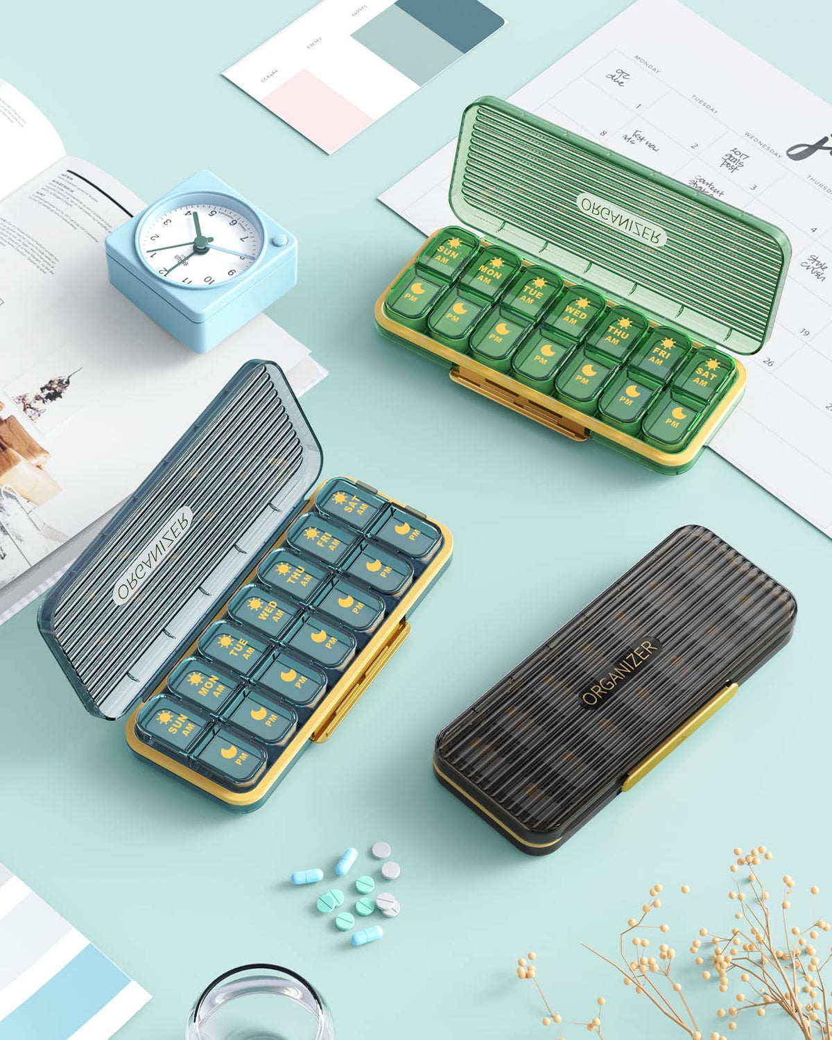 Portable daily medicine organizer being placed inside a small travel pouch to demonstrate its compact size.