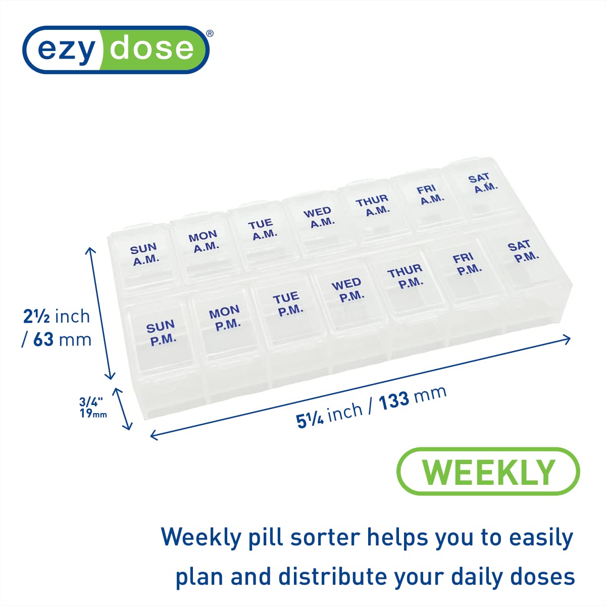 Ezy Dose twice daily supplement planner container close up showcasing clear bold lettering labels