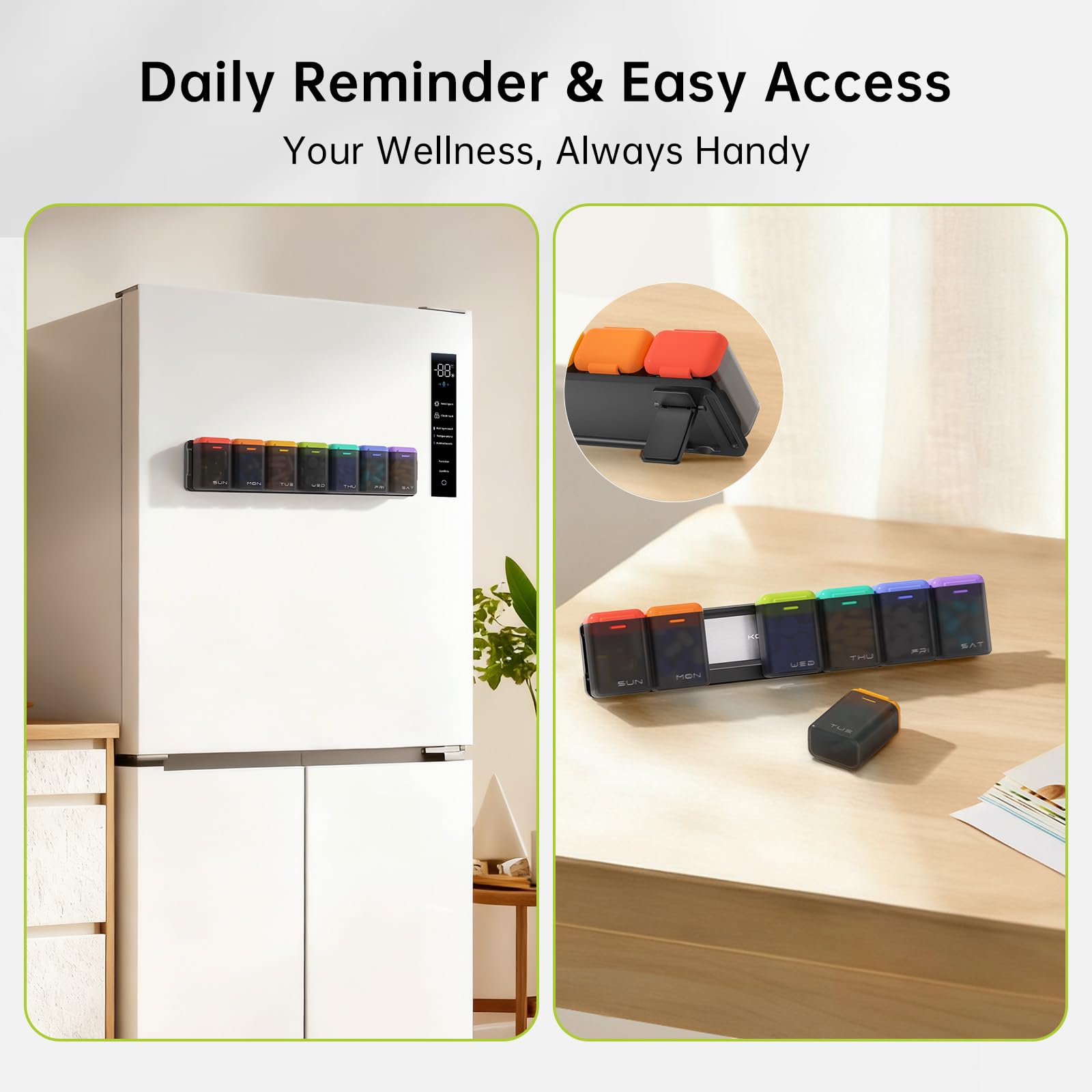 KOVIUU 7 day medication dispenser showing individual detachable color-coded daily pods.