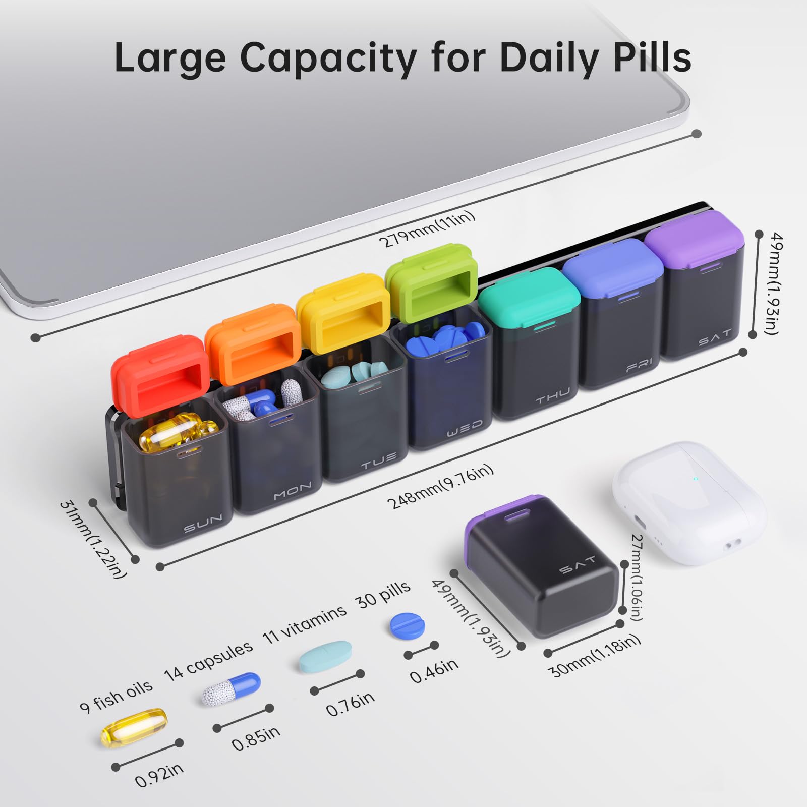 KOVIUU large travel pill case compartments filled with vitamins and fish oil capsules.